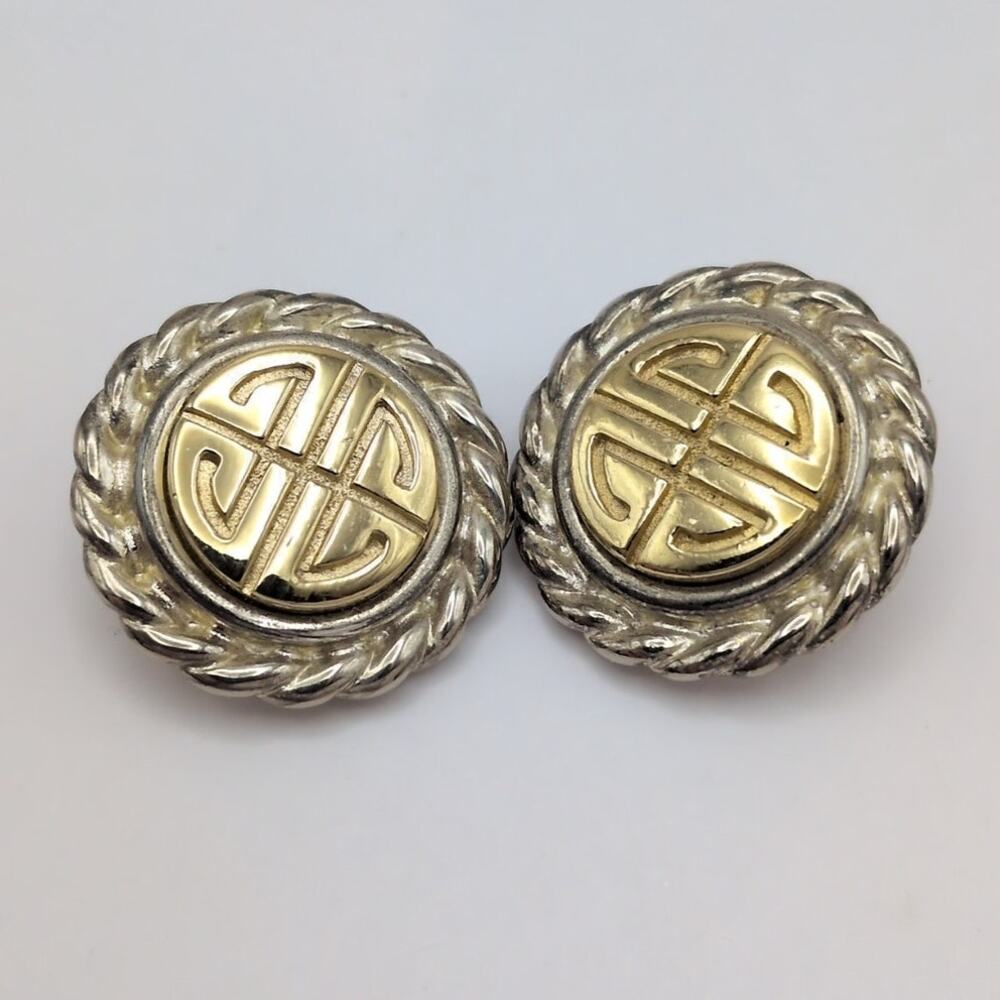Vintage Givenchy Signed Two Tone Round Medallion Button Logo Clip-On Earrings 1"